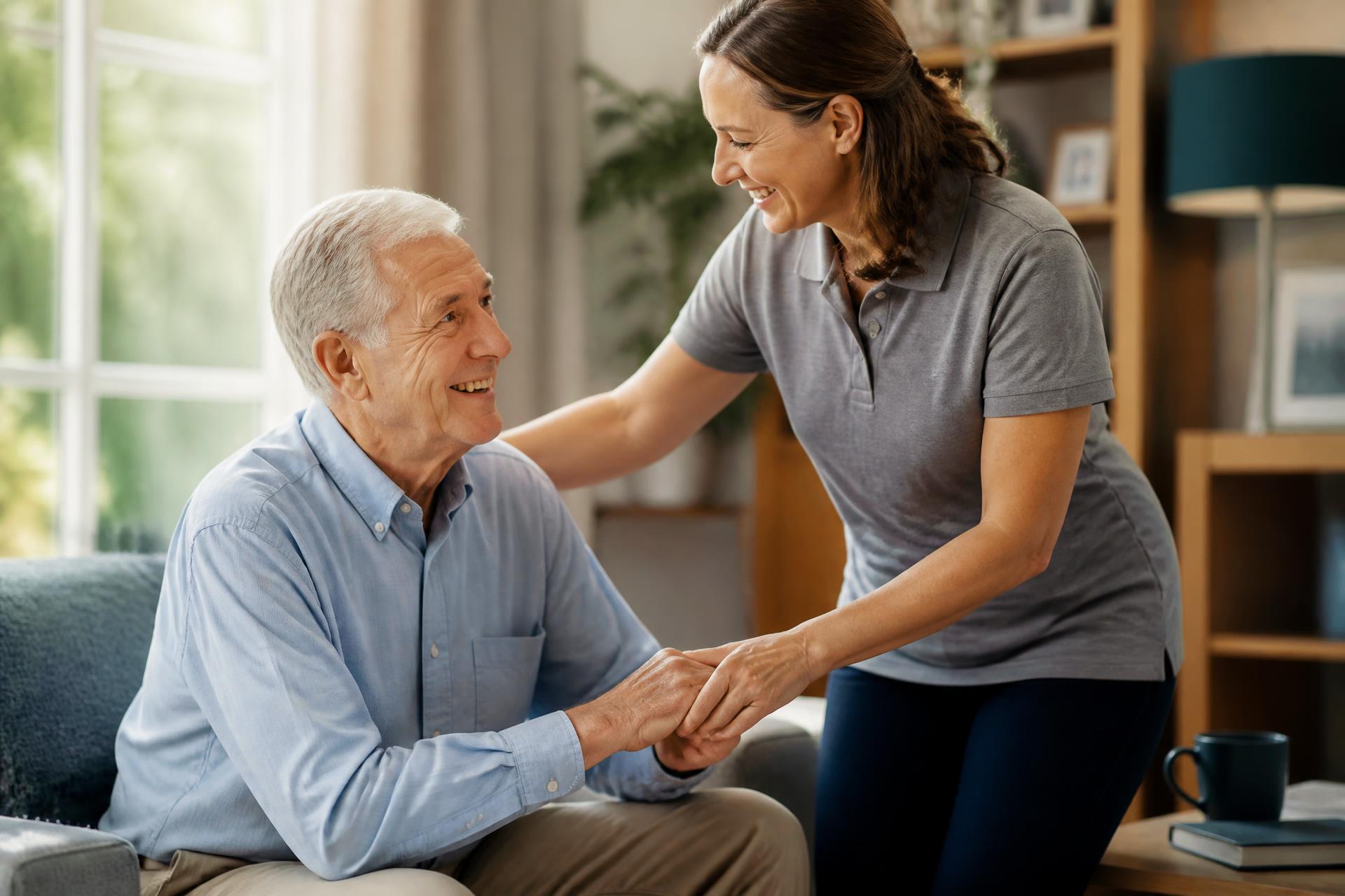 Compassionate caregiver assisting a senior at home