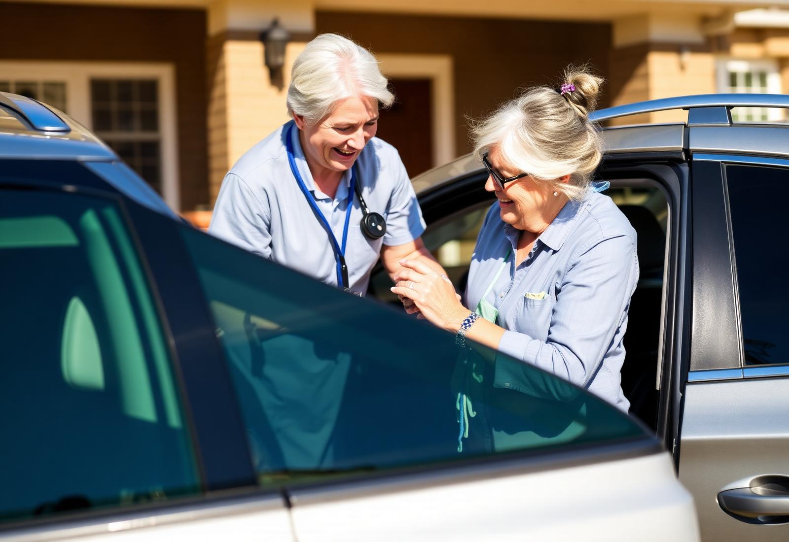 Caregiver helping a senior into a car